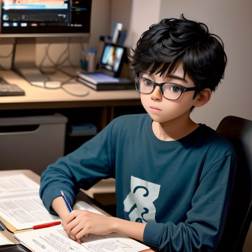 a young boy sitting at a desk with a book and a computer monitor in the background and a book open to a page