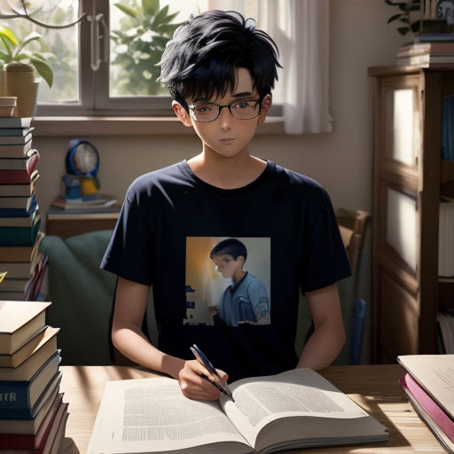 a boy sitting at a table with a book and pen in front of him and a stack of books behind him