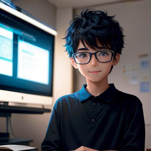 a boy with glasses is standing in front of a computer screen and a book on a desk in front of him