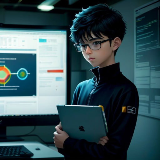 a boy in glasses holding a laptop in front of a computer screen with a monitor on it and a keyboard