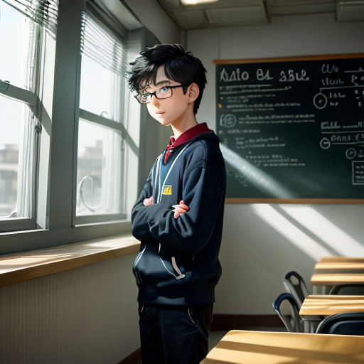 a boy standing in front of a window in a classroom with a chalkboard behind him and a blackboard behind him