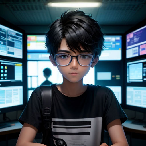 a boy with glasses is standing in front of a bunch of monitors and monitors on the wall of a room