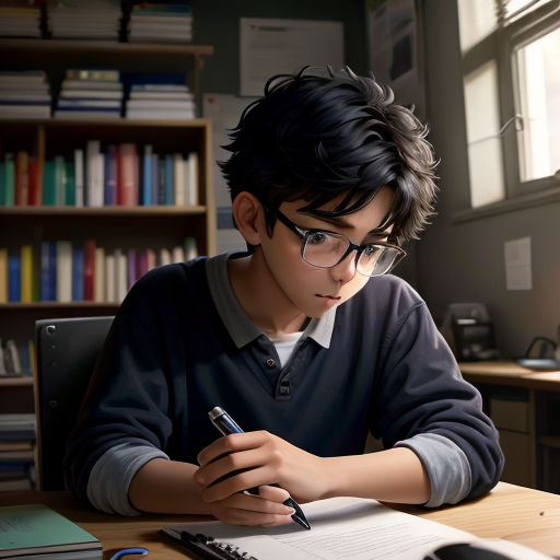 a boy sitting at a desk with a pen and paper in his hand and a book in front of him