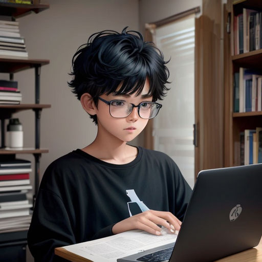 a young boy sitting at a desk with a laptop computer in front of him and a book on the desk