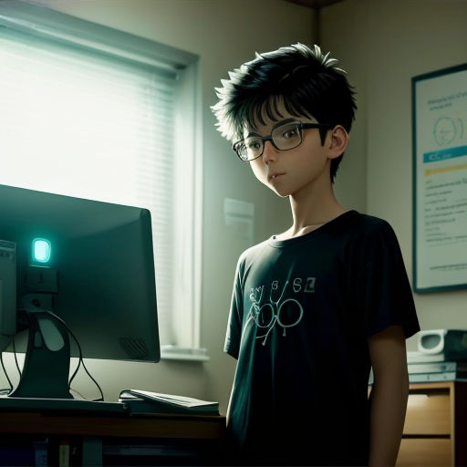 a young boy standing in front of a computer monitor with a green light on it's side and a green light on his face