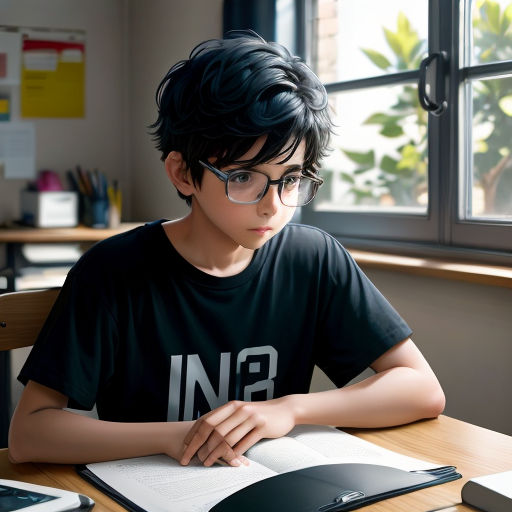 a boy with glasses is sitting at a desk with a book and a laptop computer on it, looking at the screen