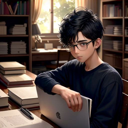a boy sitting at a desk with a laptop computer in front of him and a bookcase behind him