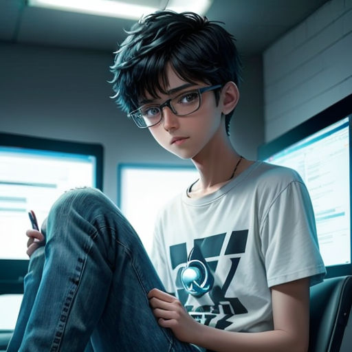 a boy with glasses sitting on a chair with a cell phone in his hand and a pen in his other hand