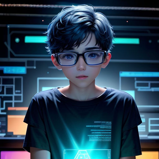 a boy with glasses holding a glowing object in front of him and a computer screen behind him with a glowing object in front of him