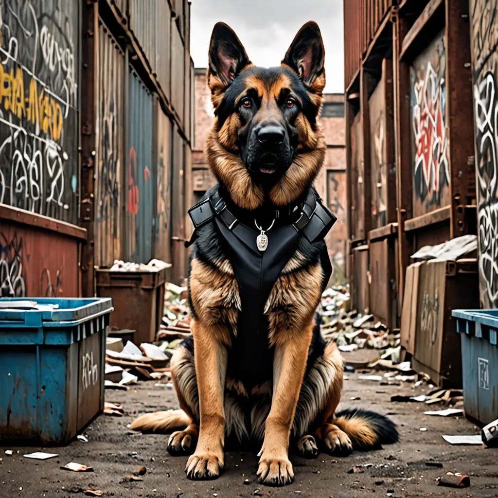 a dog sitting in a dirty alleyway with graffiti on the walls and a trash can in the foreground, furry art, a character portrait, Elke Vogelsang, promotional image