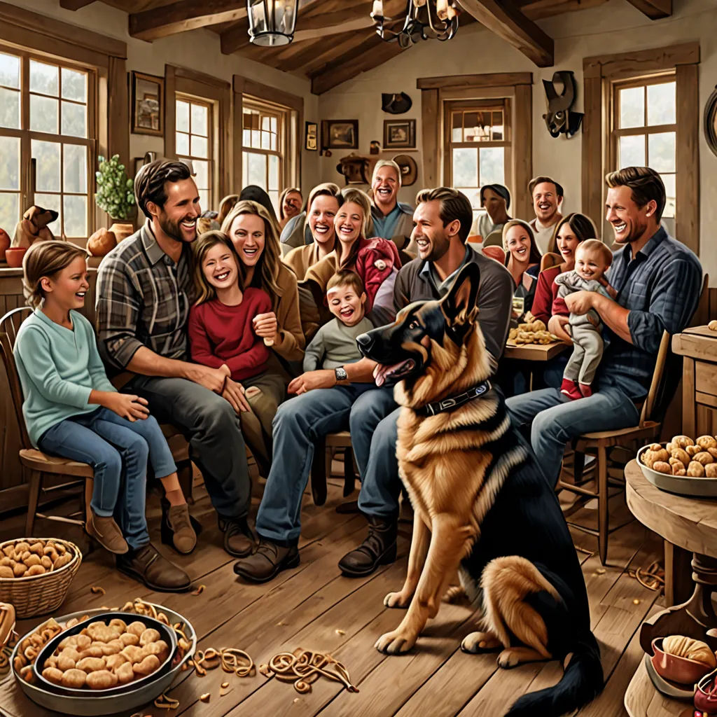 a family gathering in a cabin with a german shepherd dog in front of them and a large family of people, american scene painting, a storybook illustration, Brothers Hildebrandt, promotional image