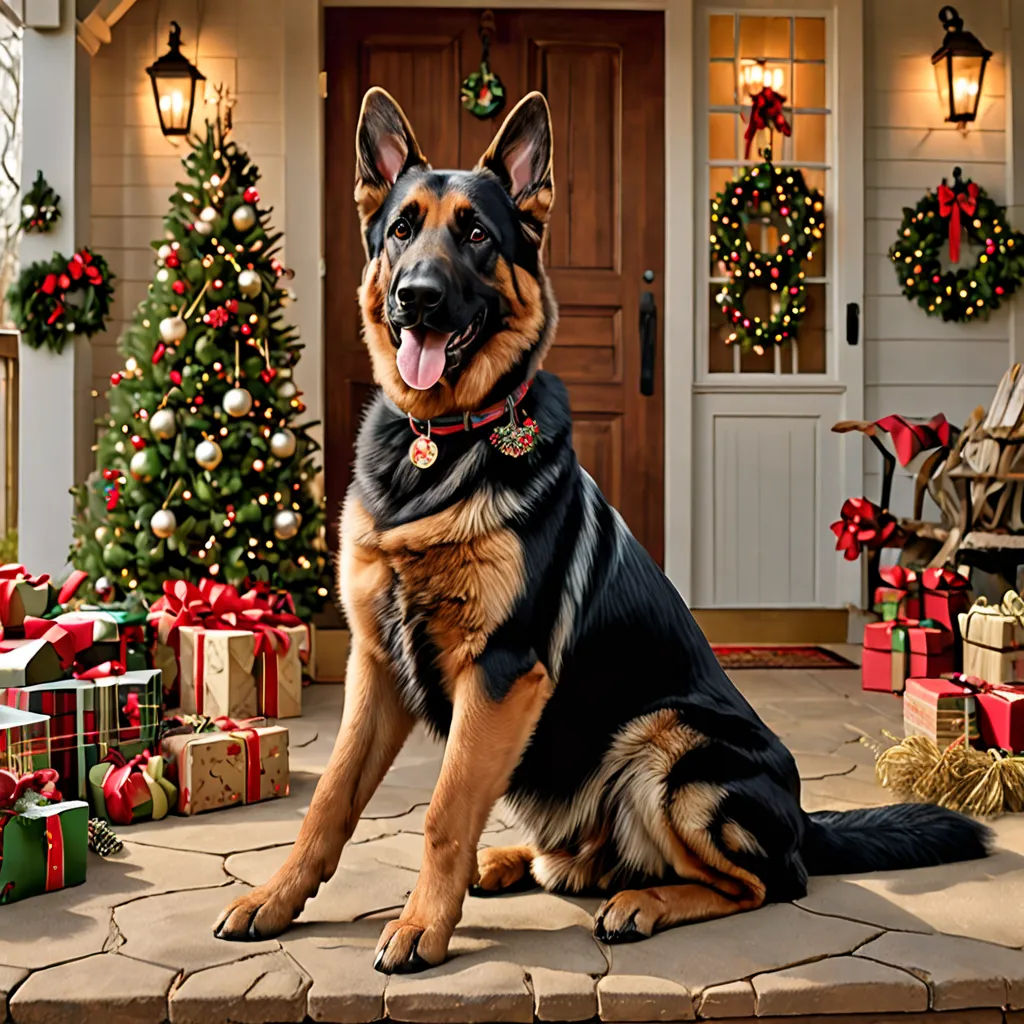 a german shepherd dog sitting in front of a christmas tree and presents on the porch of a house with a christmas tree, photorealism, a digital rendering, Doug Ohlson, promotional image