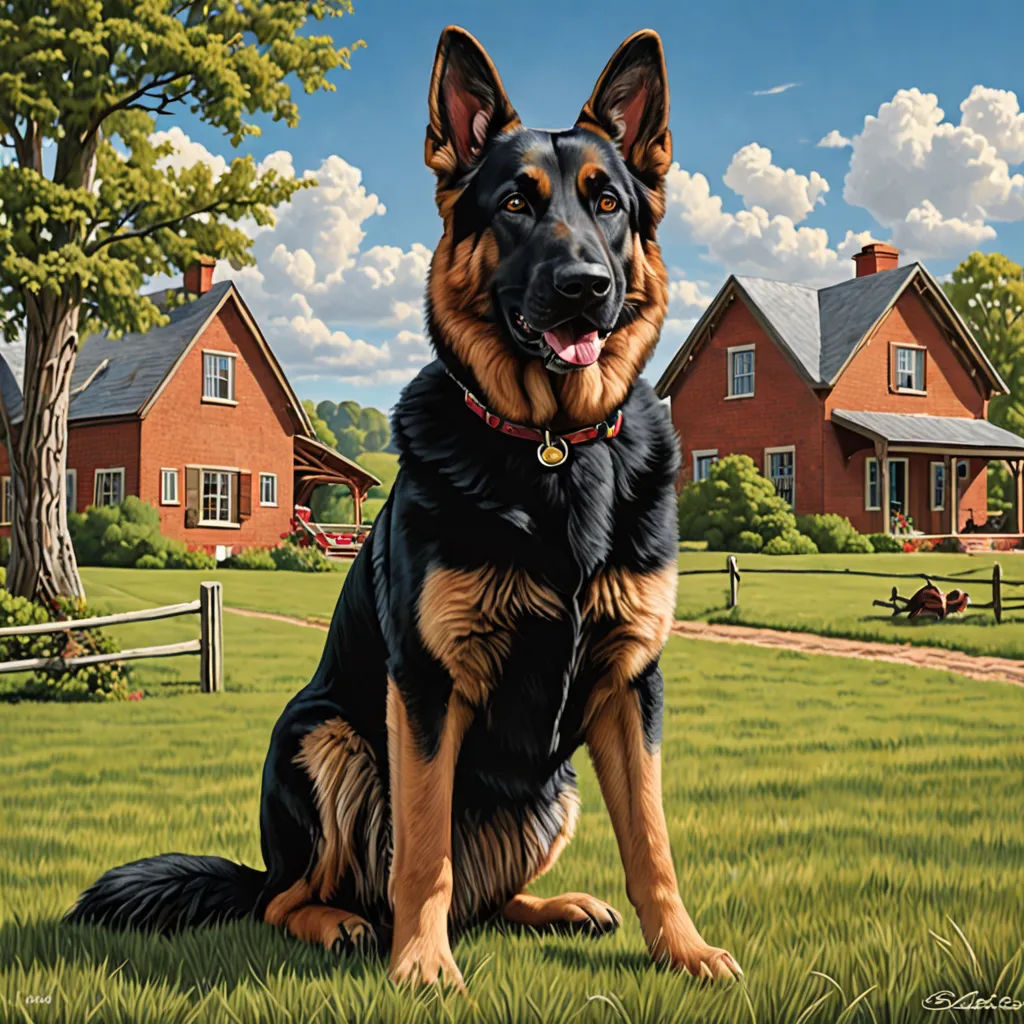 a painting of a dog sitting in the grass in front of a house and a tree with a sky background, american scene painting, a detailed painting, Brothers Hildebrandt, highly detailed digital painting