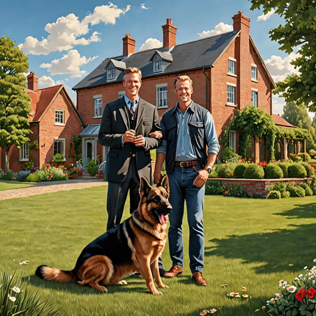 two men standing in front of a large house with a dog on a leash in front of them, a man in a suit and a tie and a dog in front of them, american realism, a digital rendering, Brothers Hildebrandt, promotional image