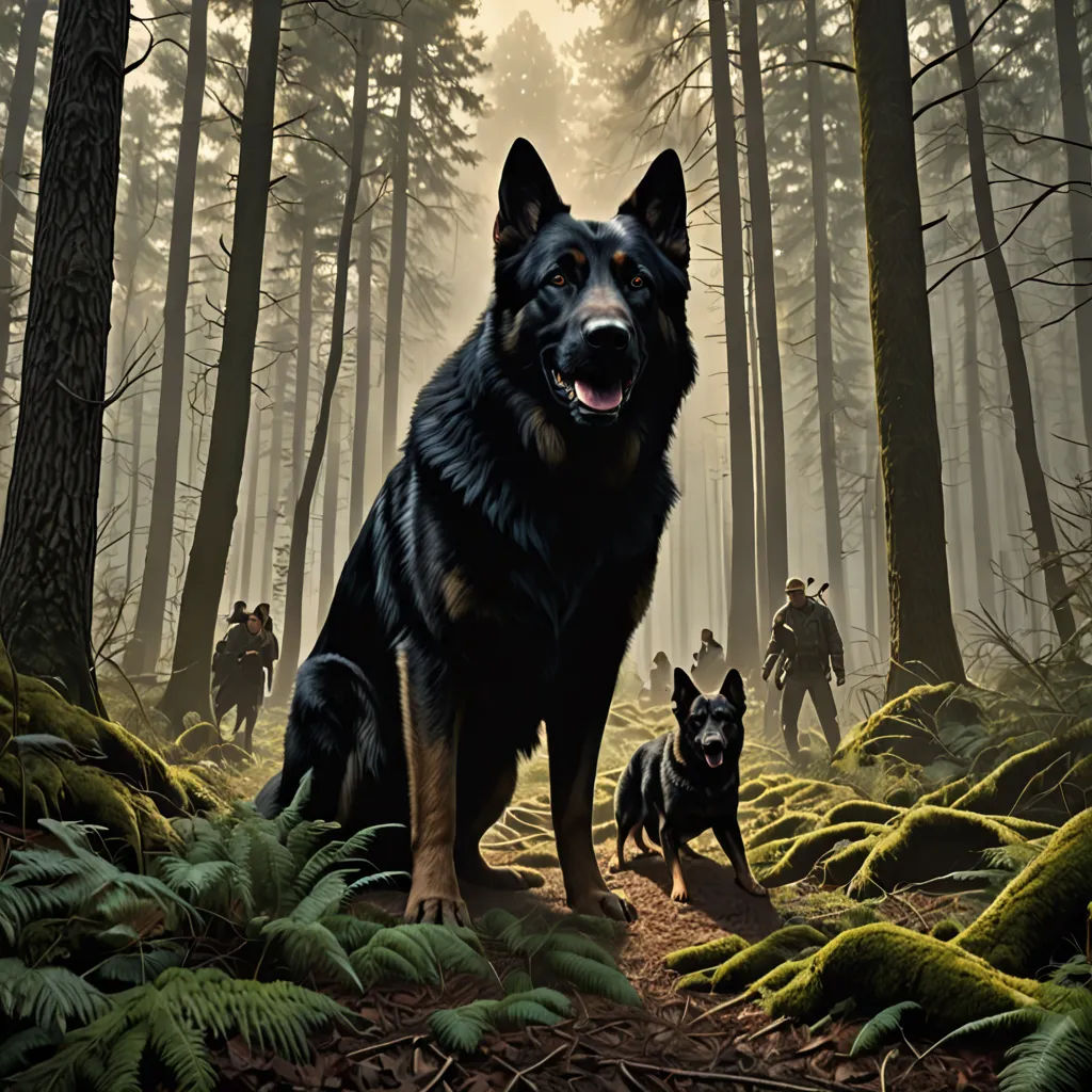 a painting of a german shepherd and his companions in a forest with a man and a dog in the foreground, furry art, a detailed matte painting, David Palumbo, weta digital