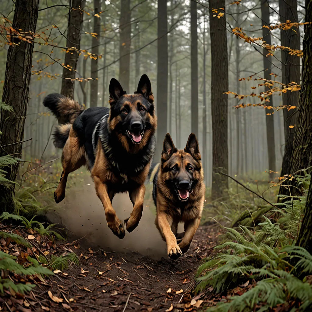 two dogs running through a forest in the woods together, one is chasing the other one with his mouth open, art photography, a stock photo, Elke Vogelsang, animal photography