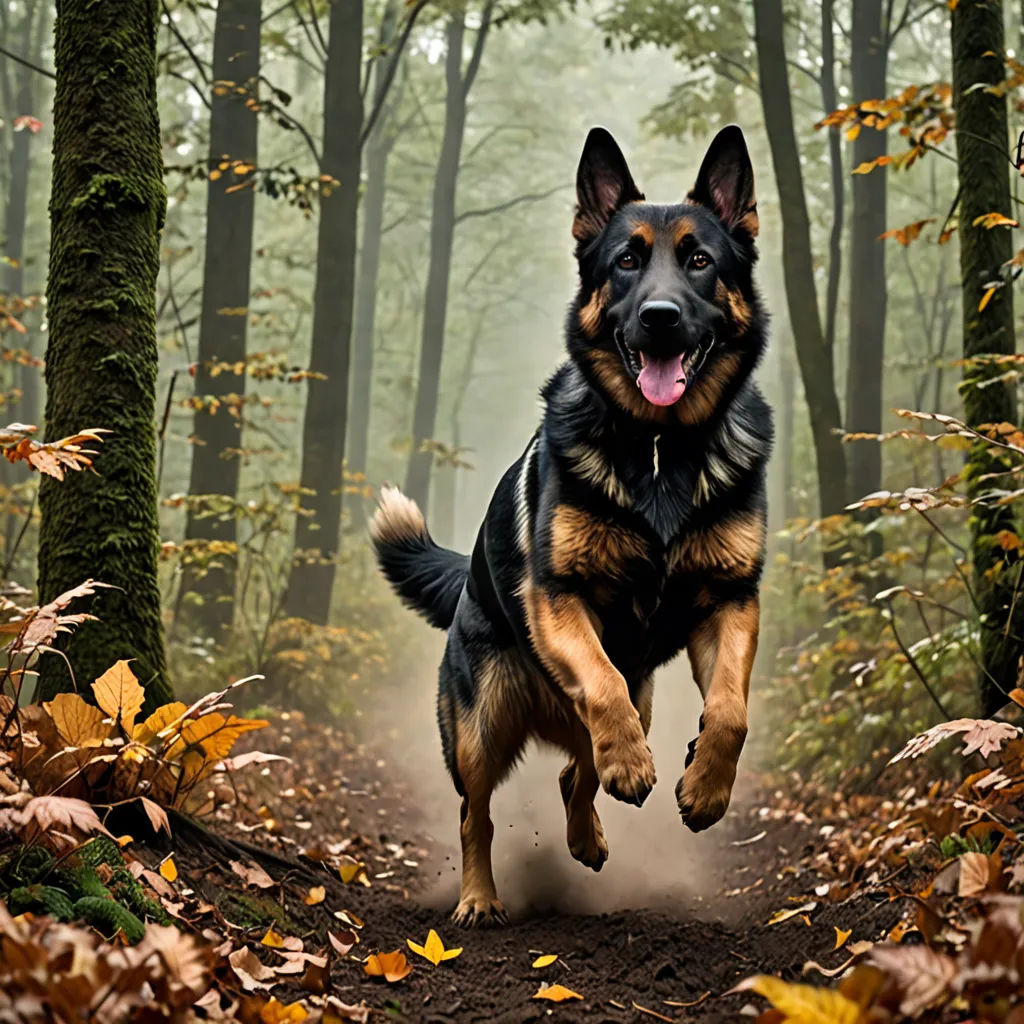 a dog running through a forest with leaves on the ground and trees in the background, with a dog running in the foreground, art photography, a stock photo, Elke Vogelsang, animal photography