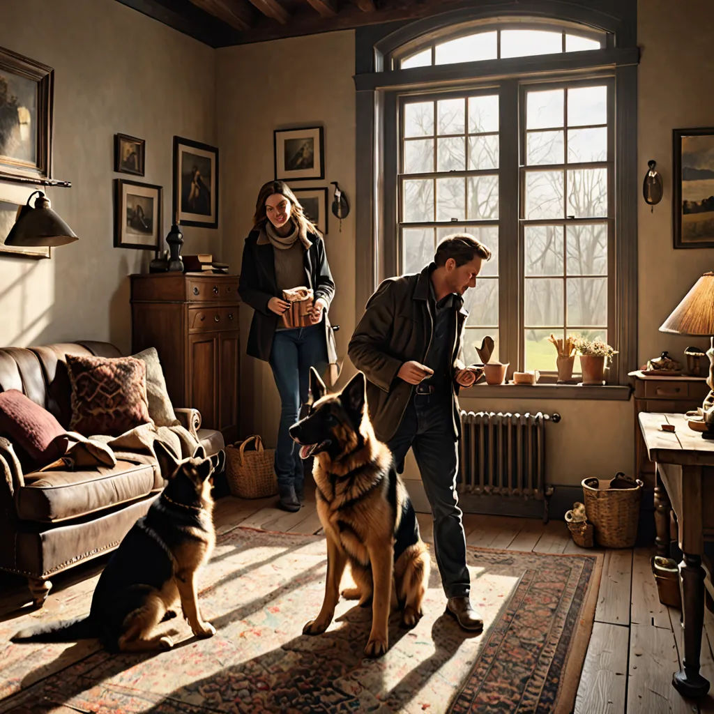 a man and woman standing in a living room with two dogs on the floor and a man standing next to them, arts and crafts movement, a still life, Colin Middleton, promotional image
