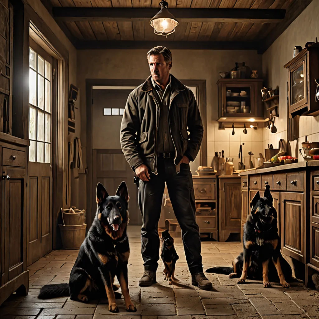 a man standing in a kitchen with two dogs and a cat sitting on the floor next to him and a dog sitting on the floor, arts and crafts movement, a still life, Doug Ohlson, promotional image