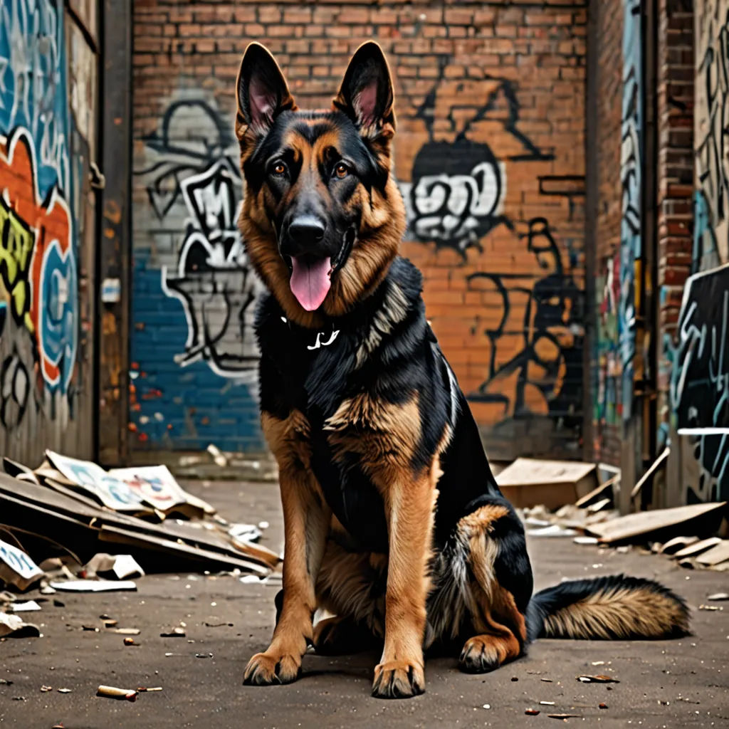 a dog sitting in front of a graffiti covered building with his tongue out and tongue out, with his tongue out, graffiti, graffiti art, Elke Vogelsang, animal photography