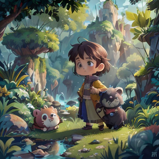a boy holding a stuffed animal in a forest with other animals around him and a river running through it
