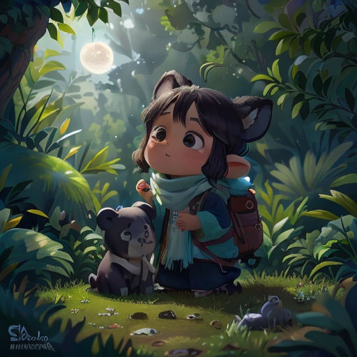 a little girl with a backpack and a bear in the woods with a full moon in the background and a forest scene
