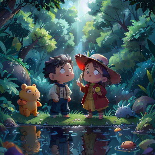 a couple of kids standing next to each other in a forest with a bear and a bear cub in front of them