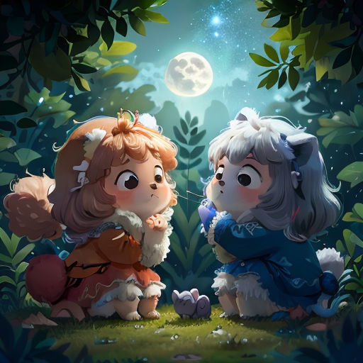 two little girls sitting in the grass looking at the moon in the sky above them, with a forest background