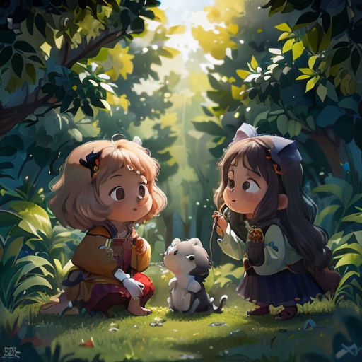 two little girls sitting in the woods with a teddy bear and a dog on the ground next to them