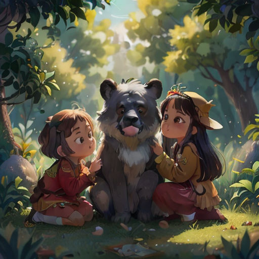 a group of children sitting next to a bear in a forest with trees and grass behind them, with a bear in the foreground