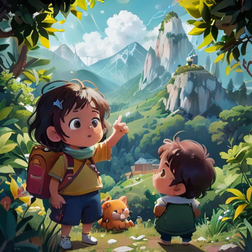 a boy and a girl looking at a mountain landscape with a mountain in the background and a forest in the foreground