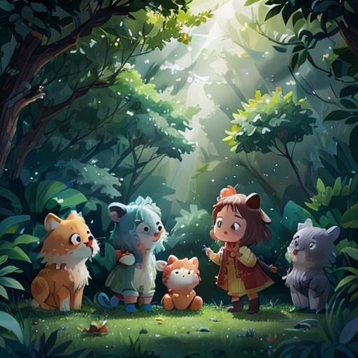 a group of animals standing in the middle of a forest with a girl standing next to them and a forest background