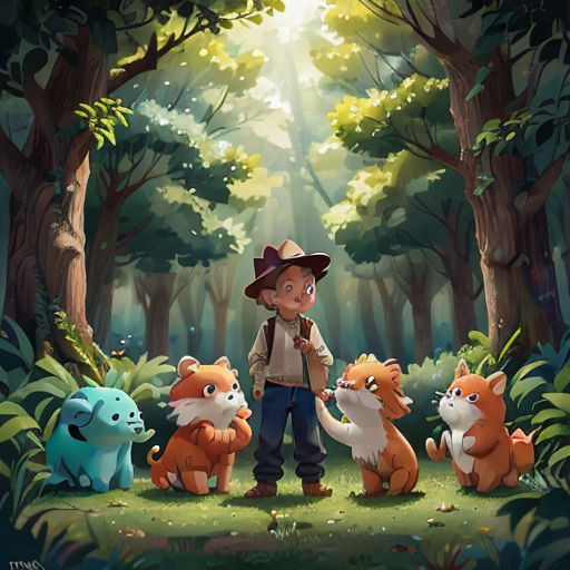a boy standing in the middle of a forest with animals around him and a forest background with trees and bushes