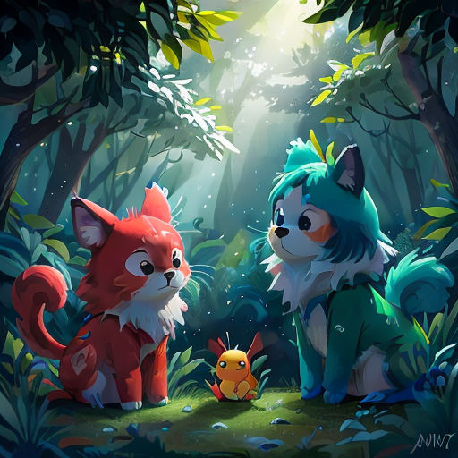 a couple of animals that are in the woods together with a fish in the foreground and a bird in the background