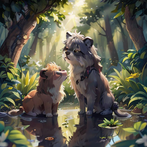 a couple of dogs sitting next to each other in a forest next to a pond of water with trees