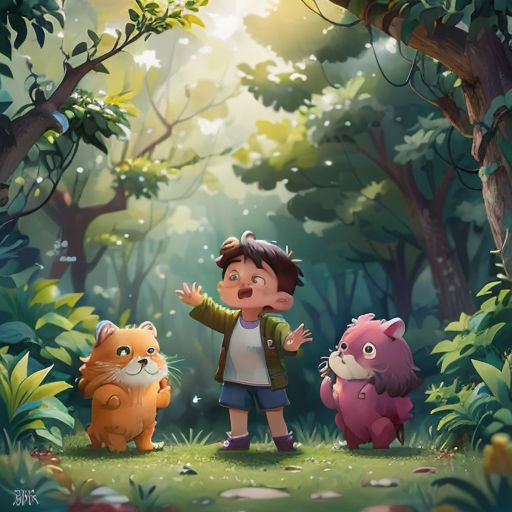 a boy standing in the middle of a forest with two animals and a cat on the ground next to him