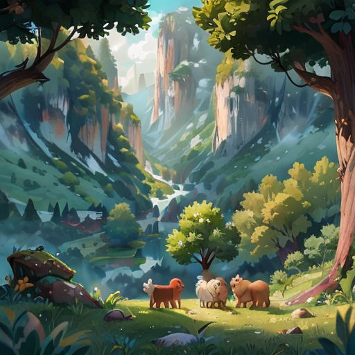 a painting of a mountain landscape with animals in the foreground and a river running through the valley below
