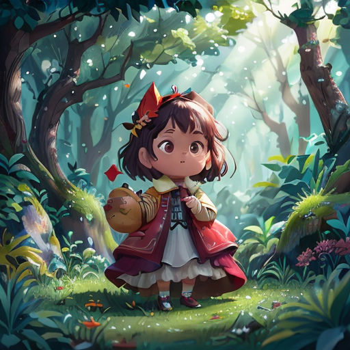 a girl in a red coat and a red hat standing in a forest with a bag of mushrooms in her hand