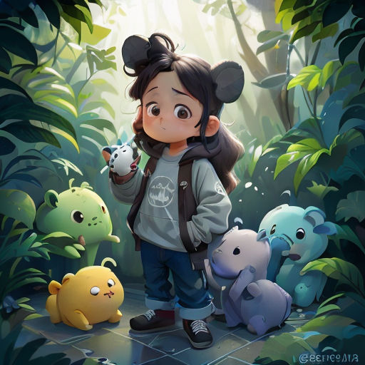 a girl standing in the middle of a forest with many small animals around her and holding a toy in her hand
