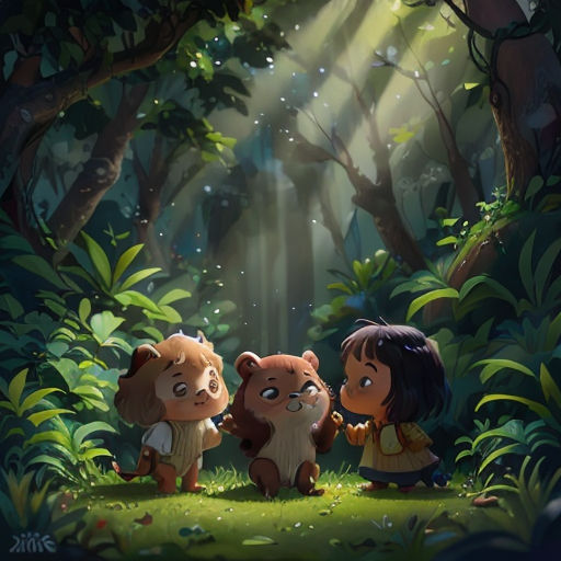 three little bears standing in the middle of a forest with a light shining through the trees and leaves on the ground