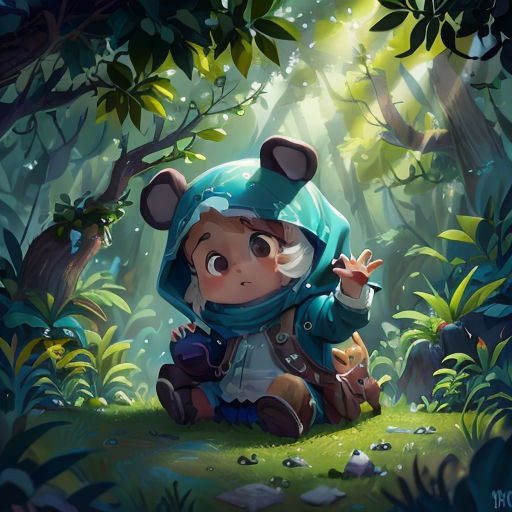 a little girl in a forest with a bear on her lap and a bear on her lap, sitting on the ground