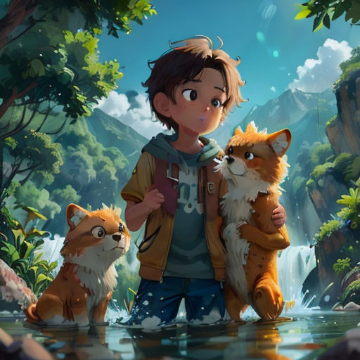 a boy holding two foxes in a river with a waterfall in the background and a forest in the background