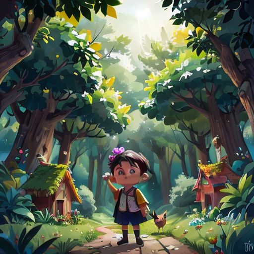 a girl is walking through a forest with a bird in her hand and a bird in her hand,