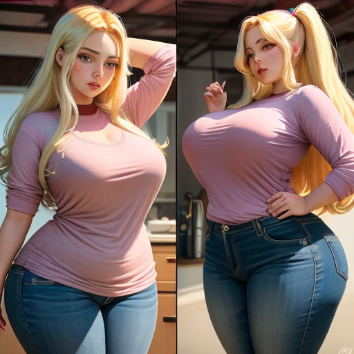 a woman in a pink shirt and jeans posing for a picture with her hands on her hips and her right hand on her hip