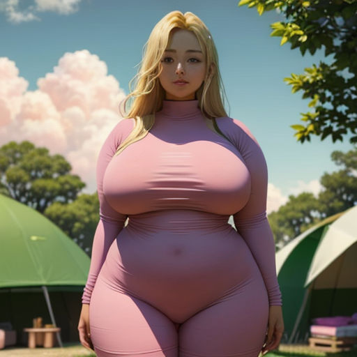 a woman in a pink outfit standing in a field with tents in the background and a sky background with clouds