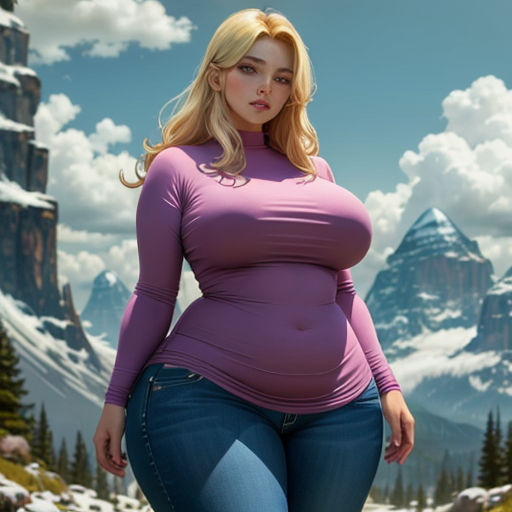 a woman in a purple shirt and jeans standing in front of a mountain range with a mountain range in the background