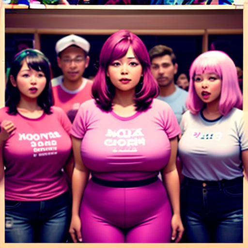 a group of people in pink shirts standing next to each other in front of a mirror with a man in the background