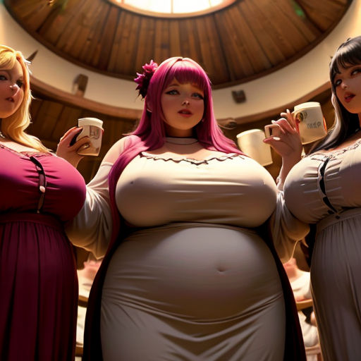 three women in dresses holding cups of coffee in a room with a domed ceiling and a circular window in the center