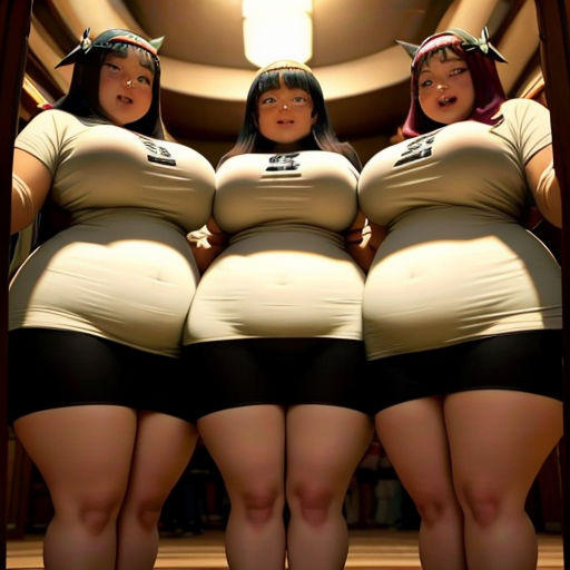 three women in short skirts are standing in a mirror together, with one woman in a short skirt and the other in a short skirt
