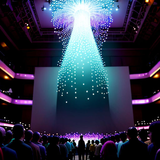 a large crowd of people standing around a stage with a large projection screen in the middle of it's center